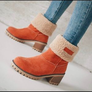 Winter Boots for Women, Comfortable Slip On Mid Chunky Heel Suede Warm